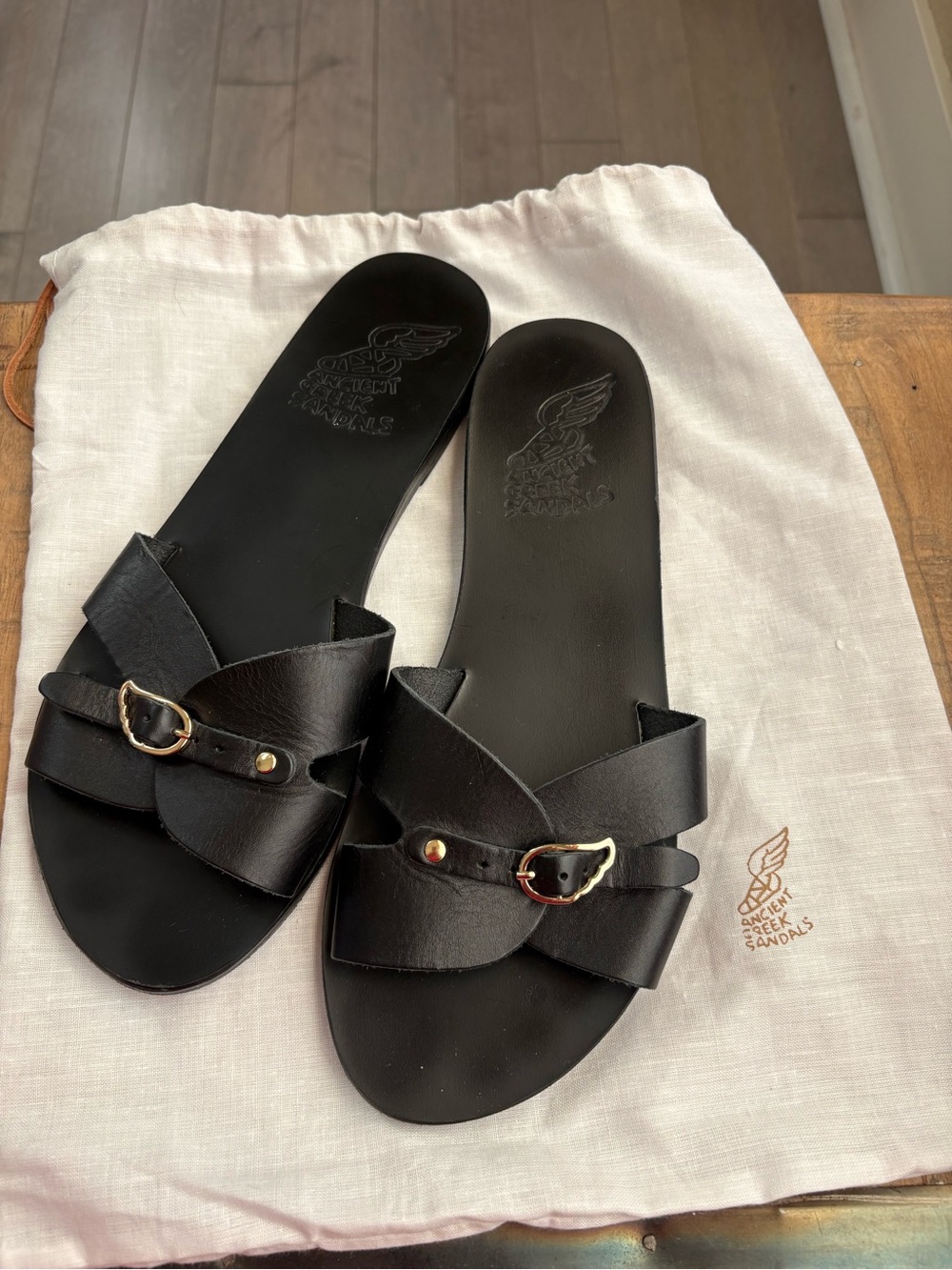 Ancient Greek Sandals Women's Black Leather Slide Sandals